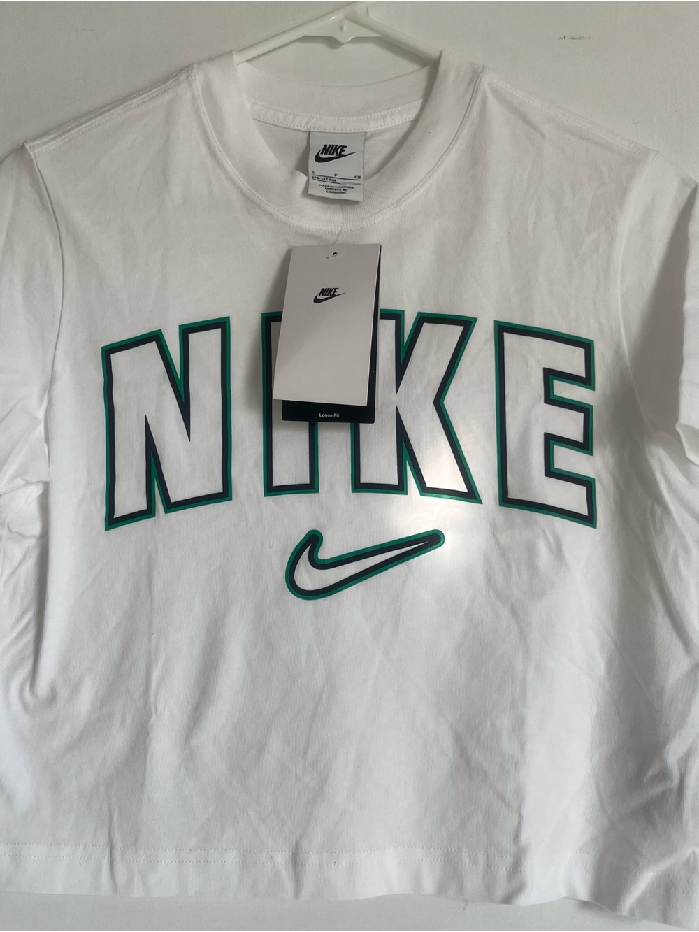 Nike White Short-Sleeve Tee with Green-Trim Logo